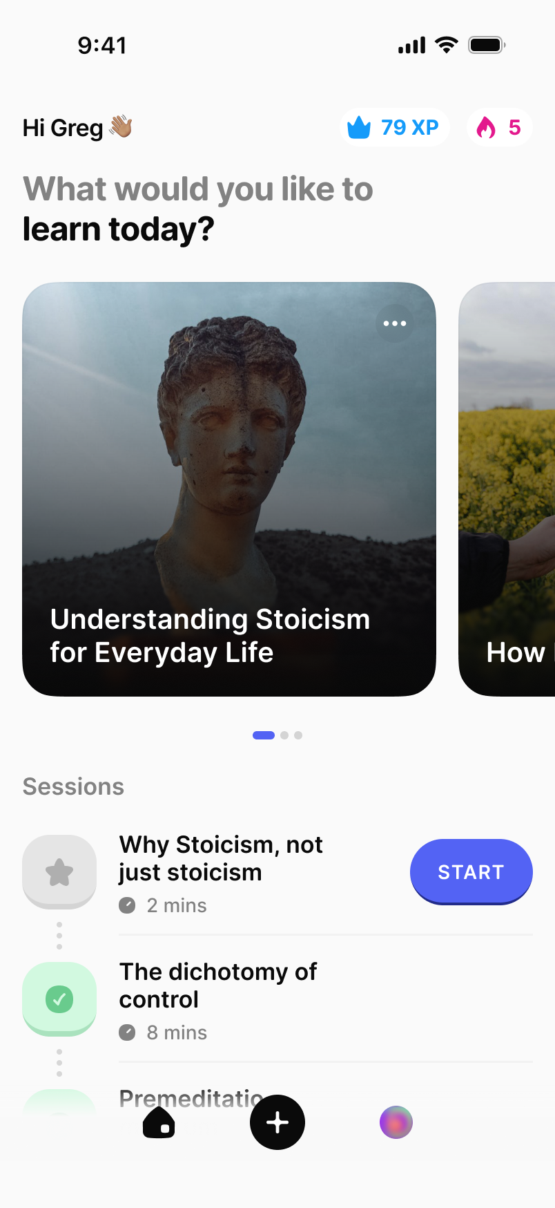 Roe home screen with a study path and the next session ready to start