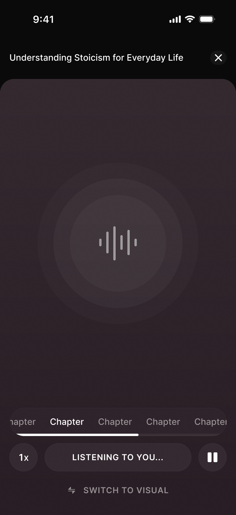 A lesson playing as audio in Roe, with chapter controls and a join-to-ask button